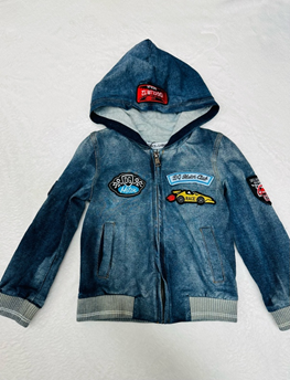 Patched Denim Zip-Up Hoodie